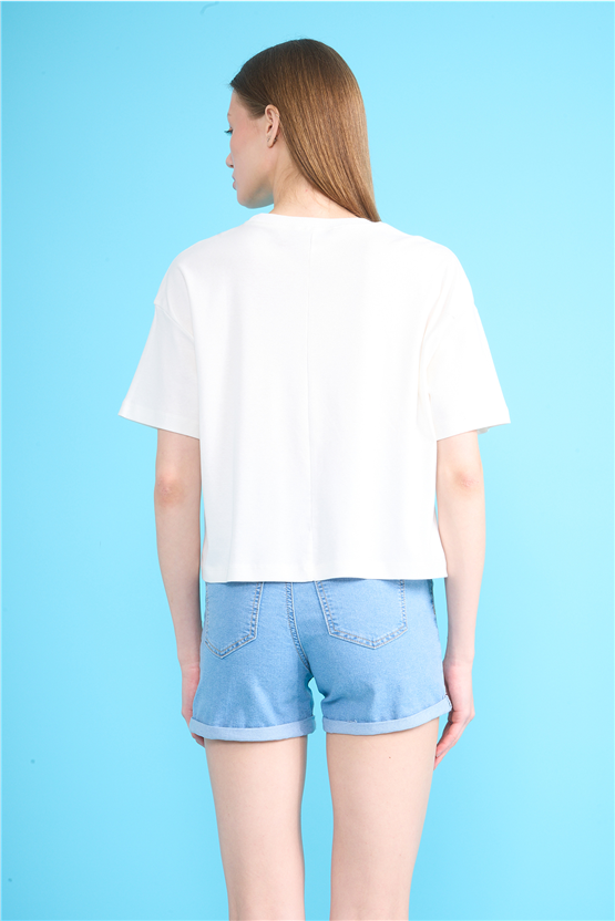 Ikoll Y26 1004503 Ekru Kadın Basic Crop T-shirt