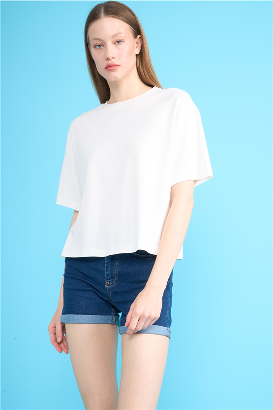 Ikoll Y26 1004503 Ekru Kadın Basic Crop T-shirt
