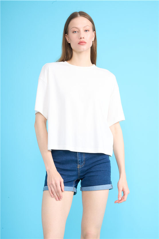 Ikoll Y26 1004503 Ekru Kadın Basic Crop T-shirt