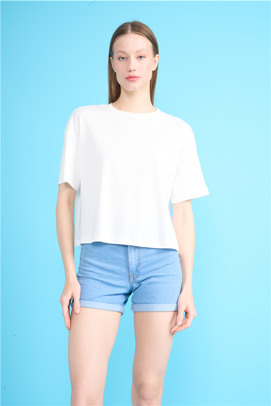 Ikoll Y26 1004503 Ekru Kadın Basic Crop T-shirt
