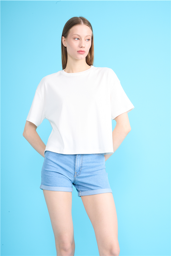 Ikoll Y26 1004503 Ekru Kadın Basic Crop T-shirt