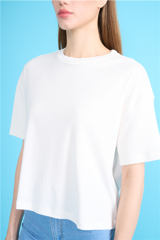 Ikoll Y26 1004503 Ekru Kadın Basic Crop T-shirt