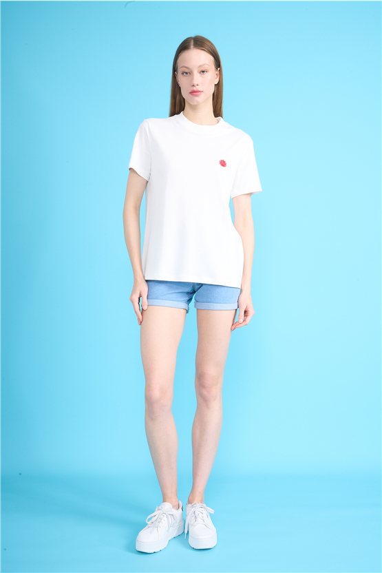 Ikoll Y26 1004963 007 Ekru İstiridye Nakışlı T-shirt
