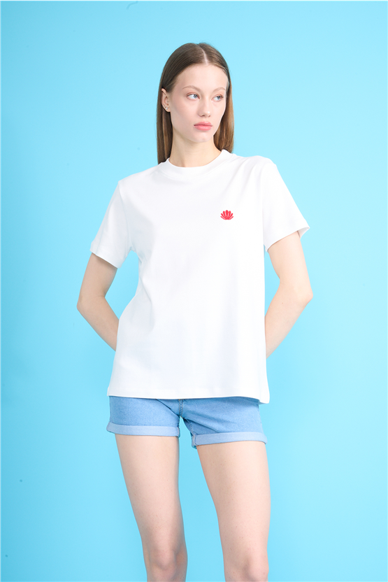 Ikoll Y26 1004963 007 Ekru İstiridye Nakışlı T-shirt