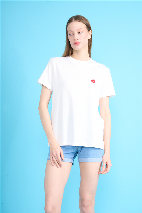 Ikoll Y26 1004963 007 Ekru İstiridye Nakışlı T-shirt
