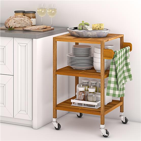 İnterbuild Masif Akasya Ahşap Holger Servis Arabası (520x520x850 mm) Altın Tik  -674807