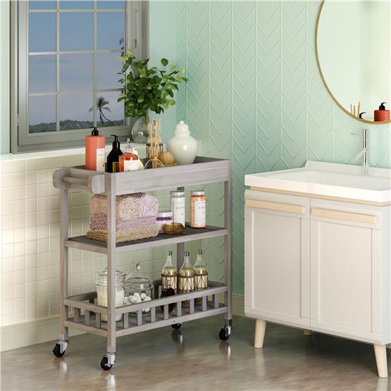 İnterbuild Masif Akasya Ahşap Holger Tepsili Servıs Arabası (799x349x850 mm) Alaca Gri -675040