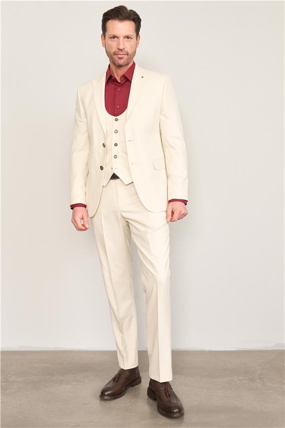 Kagi Bej Erkek Pamuk Polyester Parma Yelekli Takım