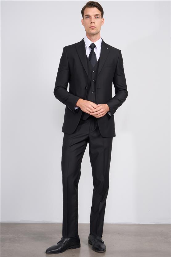 Kagı Duz Siyah Erkek 8 Drop Yeleklı Takım