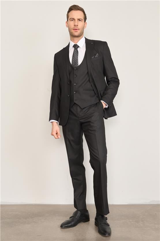 Kagi Siyah Erkek Pamuk Polyester Barı Yelekli Takım