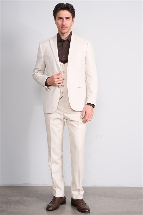 Kagi Y26 Monza Slim Fit Yelekli Takım Elbise Bej