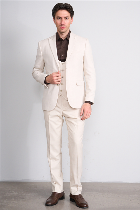 Kagi Y26 Monza Slim Fit Yelekli Takım Elbise Bej
