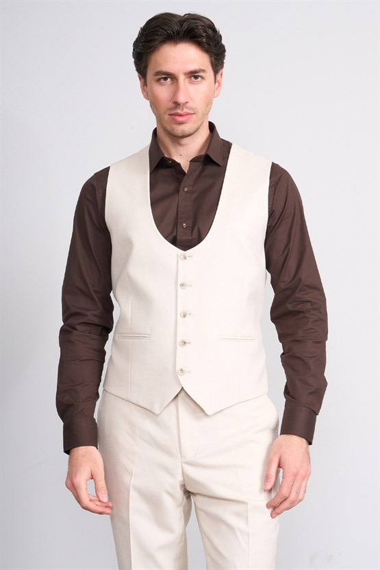 Kagi Y26 Monza Slim Fit Yelekli Takım Elbise Bej