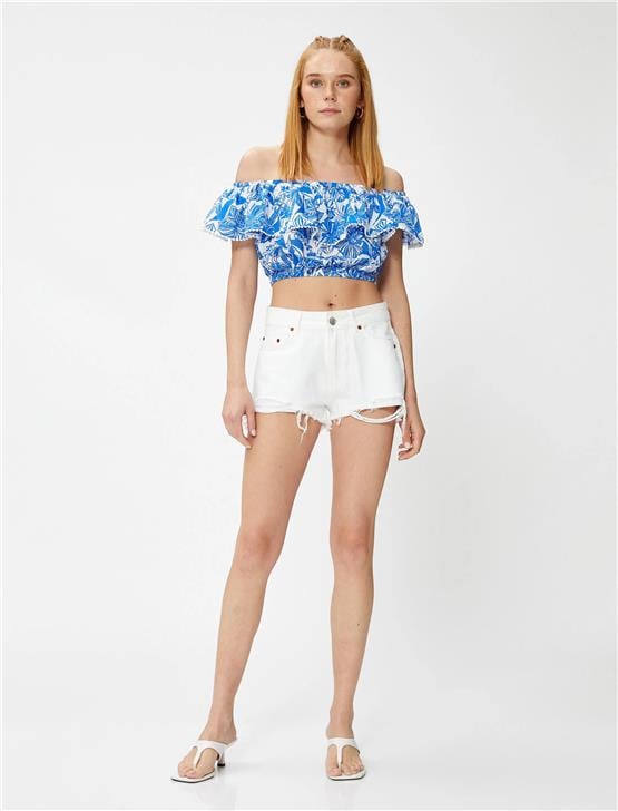 Koton 3Sak60181Ew 7D1 Lacivert Desenli Kadın Dokuma Tops Kısa Kollu Bisiklet Yaka Bluz