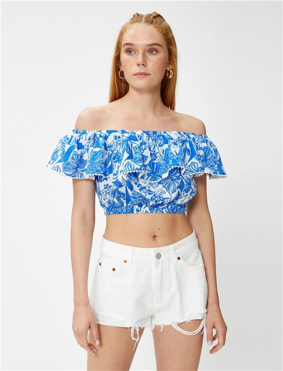 Koton 3Sak60181Ew 7D1 Lacivert Desenli Kadın Dokuma Tops Kısa Kollu Bisiklet Yaka Bluz