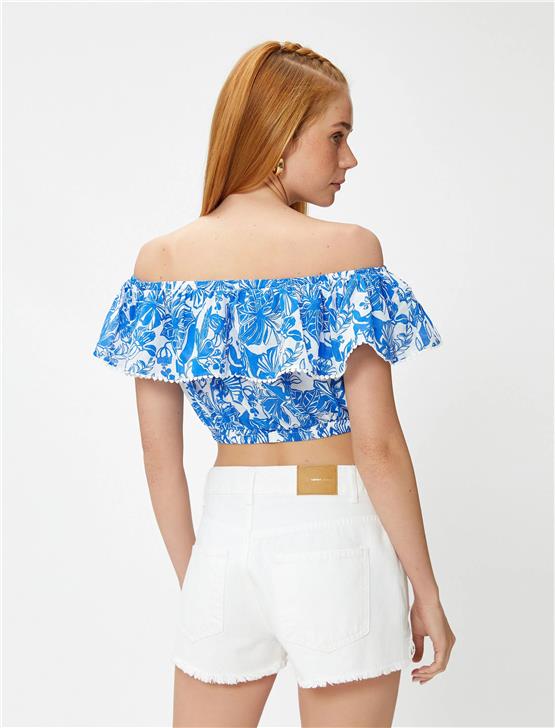 Koton 3Sak60181Ew 7D1 Lacivert Desenli Kadın Dokuma Tops Kısa Kollu Bisiklet Yaka Bluz