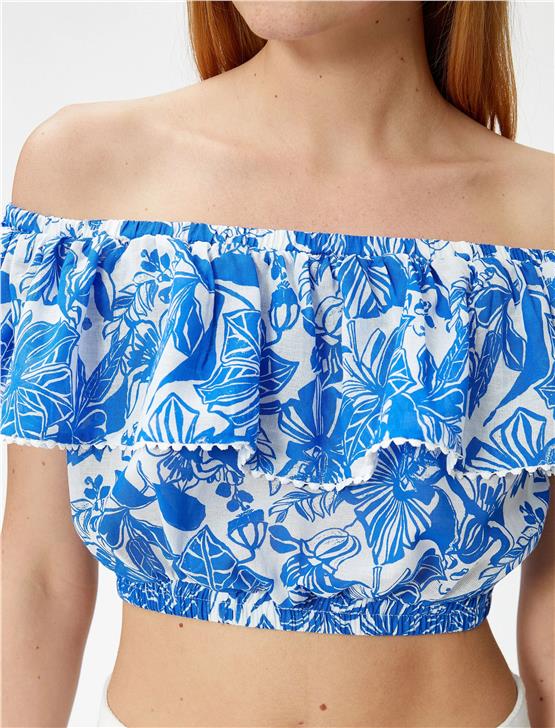 Koton 3Sak60181Ew 7D1 Lacivert Desenli Kadın Dokuma Tops Kısa Kollu Bisiklet Yaka Bluz