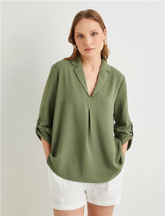 Koton 4Sak60016Pw 878 Hakı Kadın Dokuma Uzun Kollu Bluz