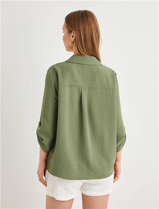 Koton 4Sak60016Pw 878 Hakı Kadın Dokuma Uzun Kollu Bluz