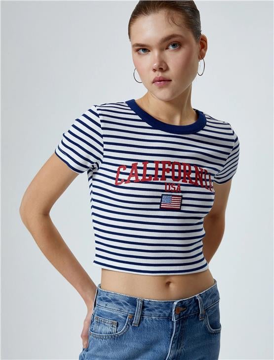 Koton 4Sal10190Ik 7S2 Lacivert Çizgili Genç Kız Viskoz Jersey Kısa Kollu T-Shirt