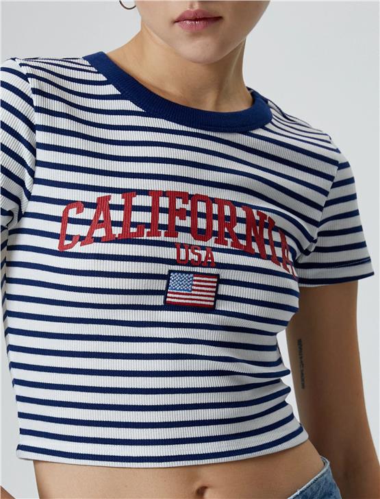 Koton 4Sal10190Ik 7S2 Lacivert Çizgili Genç Kız Viskoz Jersey Kısa Kollu T-Shirt
