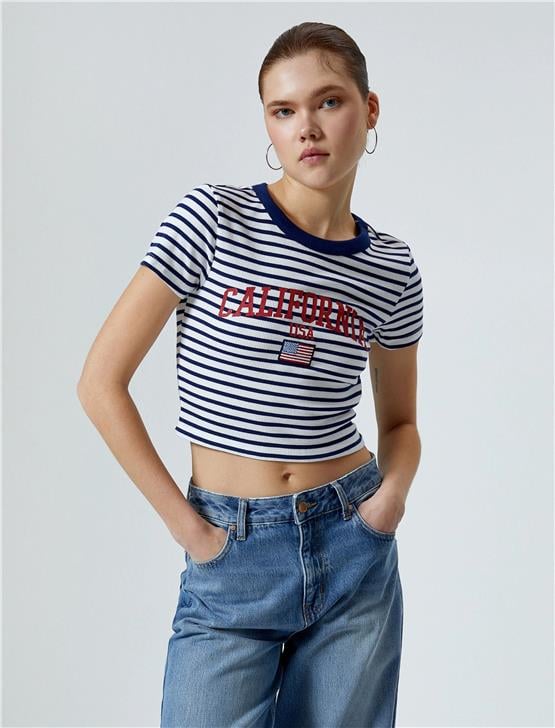 Koton 4Sal10190Ik 7S2 Lacivert Çizgili Genç Kız Viskoz Jersey Kısa Kollu T-Shirt