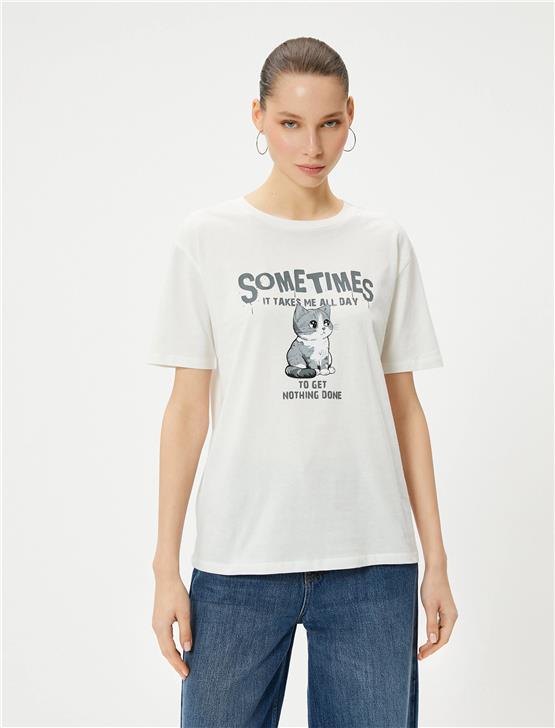 Koton 4Sal10927Ik 010 Ekru Genc Kız Jersey Kısa Kollu T-Shırt