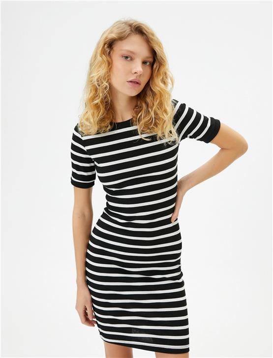 Koton 4Sal80008Ik 9S9 Siyah Çizgili Genç Kız Jersey Elbise