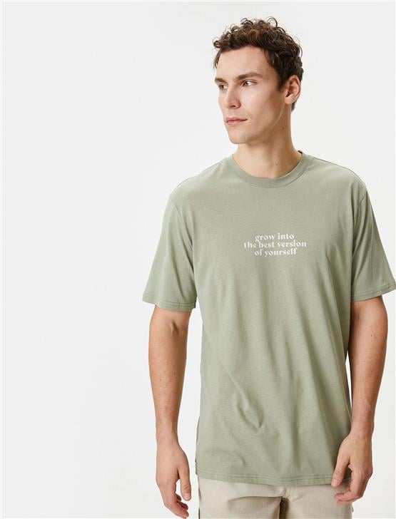 Koton 4Sam10041Hk 871 Haki Erkek Jersey Pamuk Kısa Kollu T-shirt