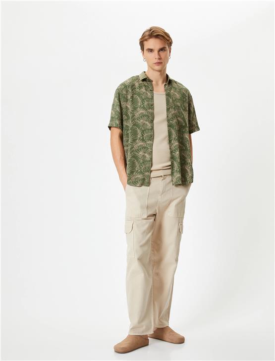 Koton 4Sam60003Hw 7D5 Yeşil Desenli Erkek Viskoz Dokuma Kısa Kollu Gömlek