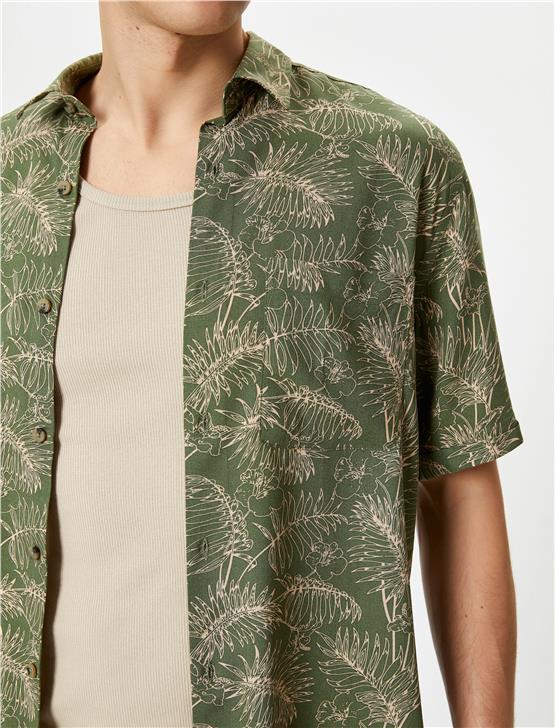 Koton 4Sam60003Hw 7D5 Yeşil Desenli Erkek Viskoz Dokuma Kısa Kollu Gömlek