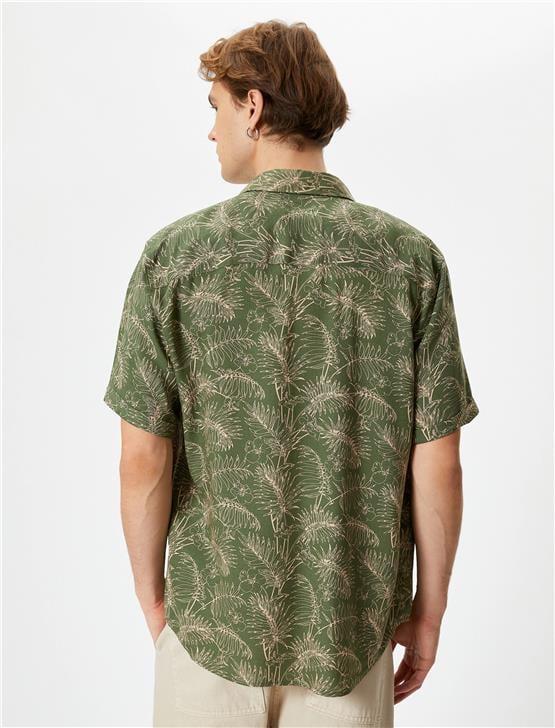 Koton 4Sam60003Hw 7D5 Yeşil Desenli Erkek Viskoz Dokuma Kısa Kollu Gömlek