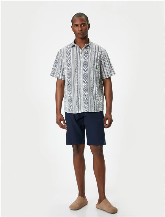 Koton 4Sam60056Hw 8D2 Yesıl Desenlı Erkek Dokuma Kısa Kollu Gomlek