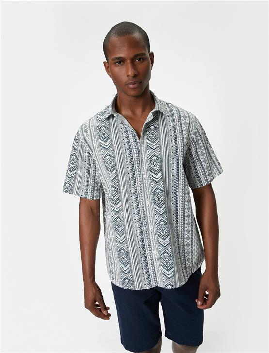 Koton 4Sam60056Hw 8D2 Yesıl Desenlı Erkek Dokuma Kısa Kollu Gomlek