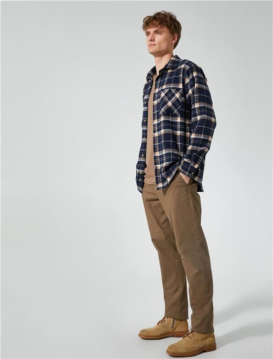 Koton 4Wam60004Hw 7C1 Lacivert Ekose Erkek Akrilik Woven Tops Uzun Kollu Gömlek