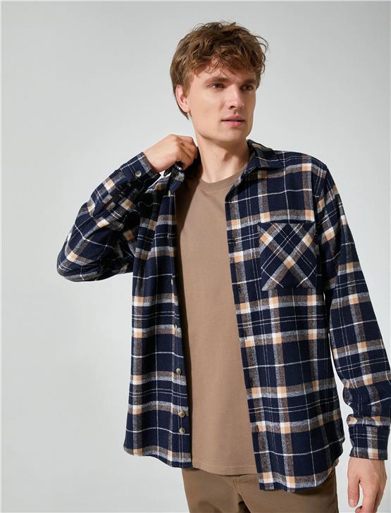 Koton 4Wam60004Hw 7C1 Lacivert Ekose Erkek Akrilik Woven Tops Uzun Kollu Gömlek