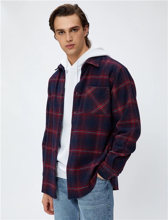 Koton 4Wam60005Hw 4C1 Kırmızı Ekose Erkek Akrilik Woven Tops Uzun Kollu Gömlek