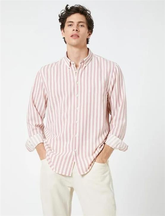 Koton 4Wam60021Hw 0S2 Gri Çizgili Erkek Pamuk Woven Tops Uzun Kollu Gömlek