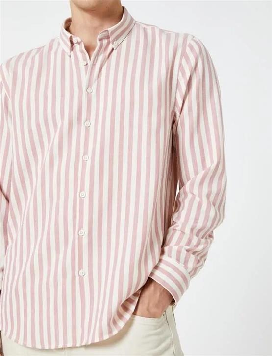 Koton 4Wam60021Hw 0S2 Gri Çizgili Erkek Pamuk Woven Tops Uzun Kollu Gömlek