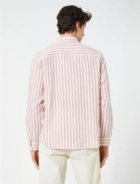 Koton 4Wam60021Hw 0S2 Gri Çizgili Erkek Pamuk Woven Tops Uzun Kollu Gömlek