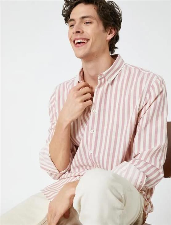 Koton 4Wam60021Hw 0S2 Gri Çizgili Erkek Pamuk Woven Tops Uzun Kollu Gömlek