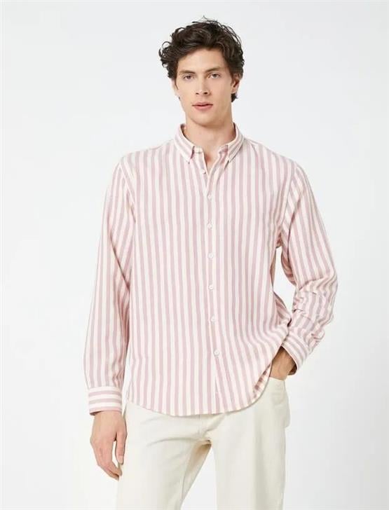 Koton 4Wam60021Hw 0S2 Gri Çizgili Erkek Pamuk Woven Tops Uzun Kollu Gömlek