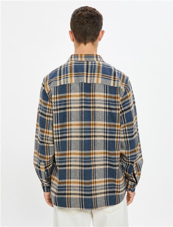 Koton  4Wam60053Hw 6C1 Mavi Ekose Erkek Akrilik Woven Tops Uzun Kollu Gömlek