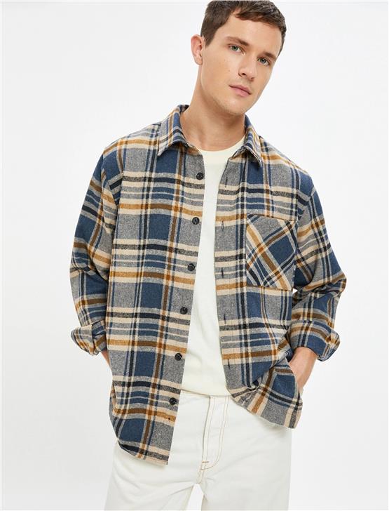 Koton  4Wam60053Hw 6C1 Mavi Ekose Erkek Akrilik Woven Tops Uzun Kollu Gömlek