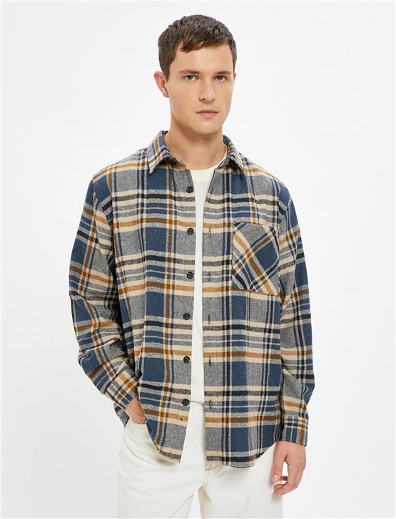 Koton  4Wam60053Hw 6C1 Mavi Ekose Erkek Akrilik Woven Tops Uzun Kollu Gömlek