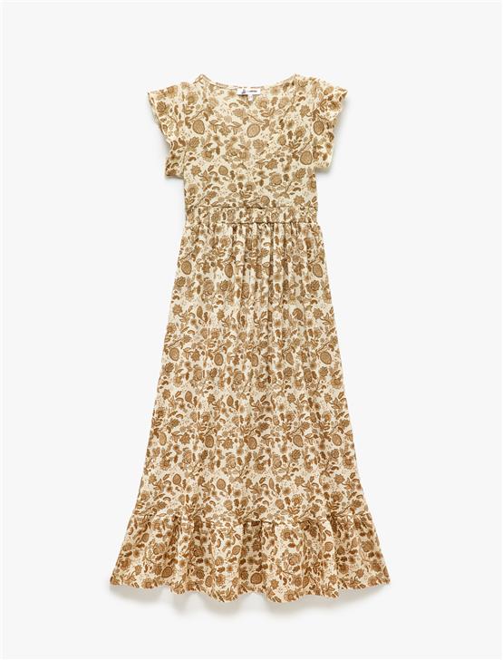 Koton 5Sal80019Ik 0D5 Bej Desenlı Genc Kız Elastan Jersey Elbıse