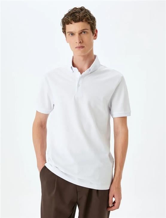 Koton 5Sam10033Mk 000 Beyaz Erkek Pamuk Jersey Kısa Kollu Polo T-Shırt