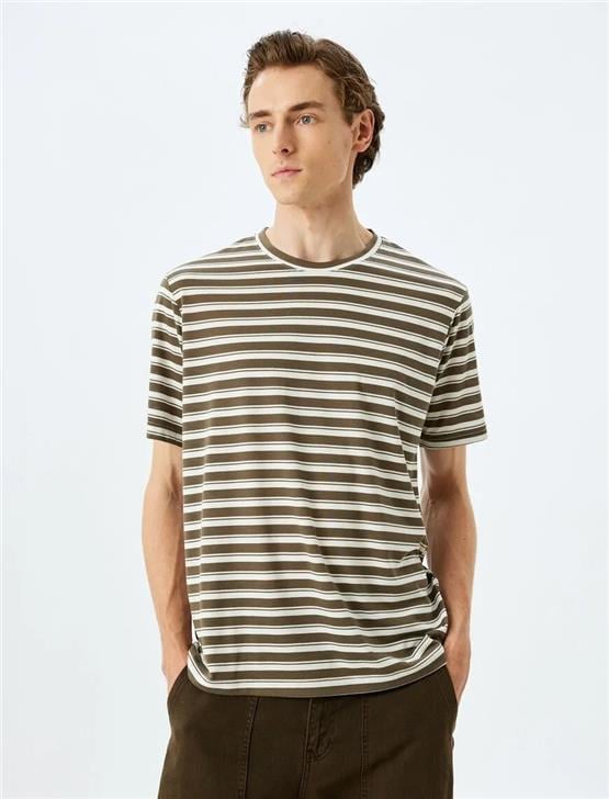 Koton 5Sam10102Hk 8S2 Yesıl Cızgılı Erkek Vıskoz Jersey Kısa Kollu Basıc T-Shırt