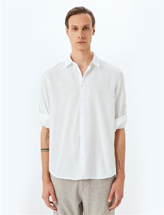 Koton 5Sam60020Hw 000 Beyaz Erkek Pamuk Dokuma Uzun Kollu Gomlek