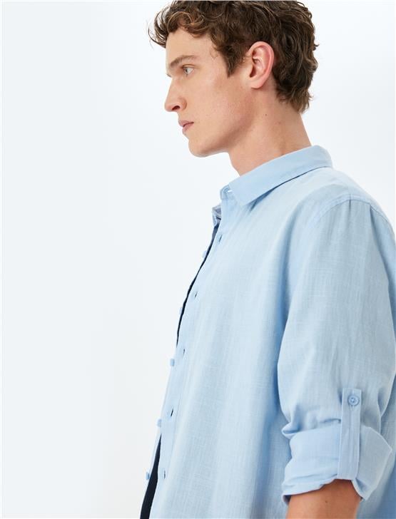 Koton 5Sam60020Hw 645 Mavı Erkek Pamuk Dokuma Uzun Kollu Gomlek